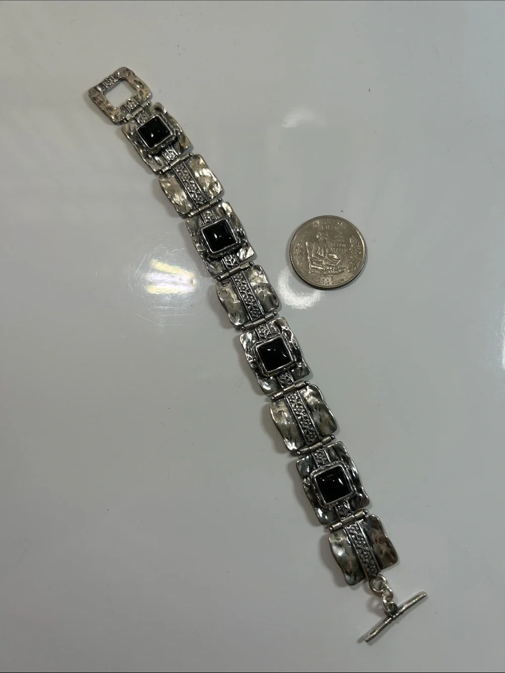 NWT Passage To Israel Hammered Panel Link Genuine Black Onyx Gemstone Bracelet
